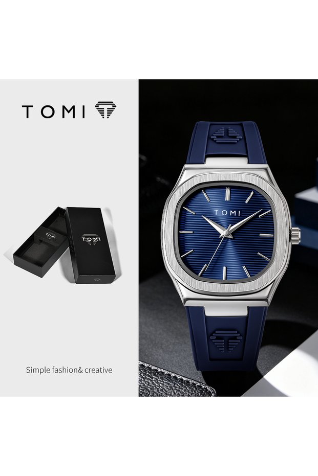 T053-2 TOMI 2026 New Fashion Men's Quartz Watch Simple Square Dial Rubber Strap Waterproof Analog Wr