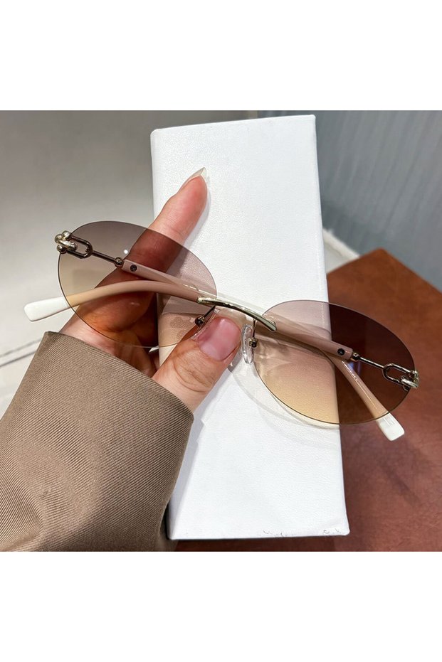 beige tea 2026 Unique Cutting Rimless Beige Round Sunglasses for Women New Fashion Alloy Elegant Sun