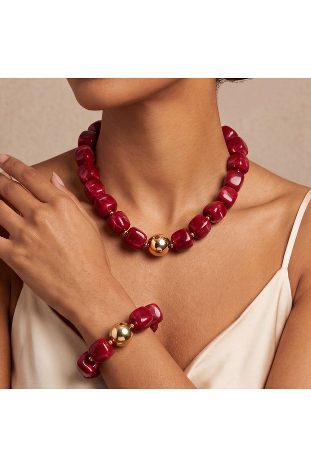 AYA6804402 2pcs Fashion Chunky Jewelry Set For Women Vintage Colorful Acrylic Square Beads Necklace