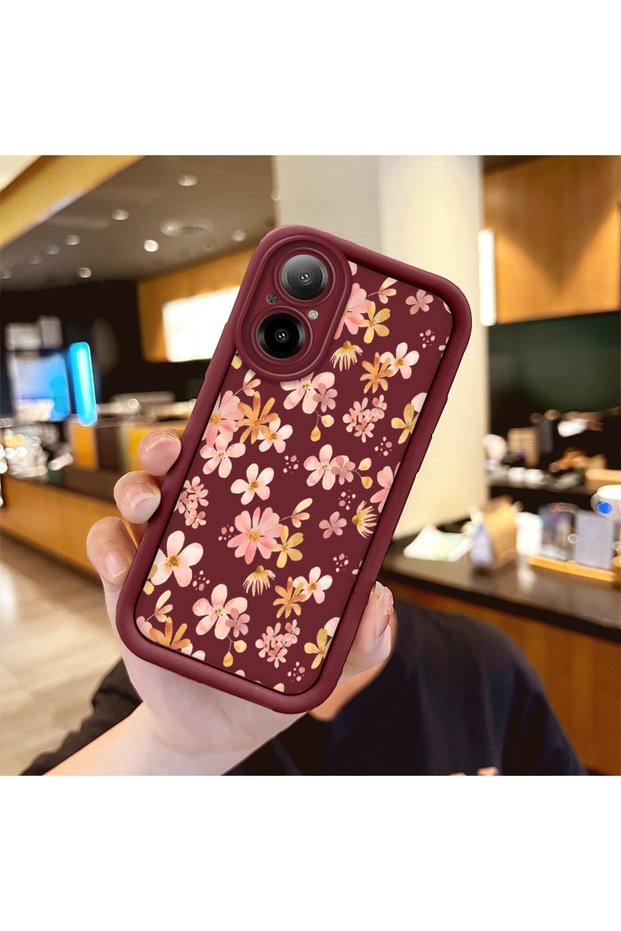 Realme C67 4G-Compatible High-Quality Burgundy Case with a Scattered Yellow and Pink Flower Pattern