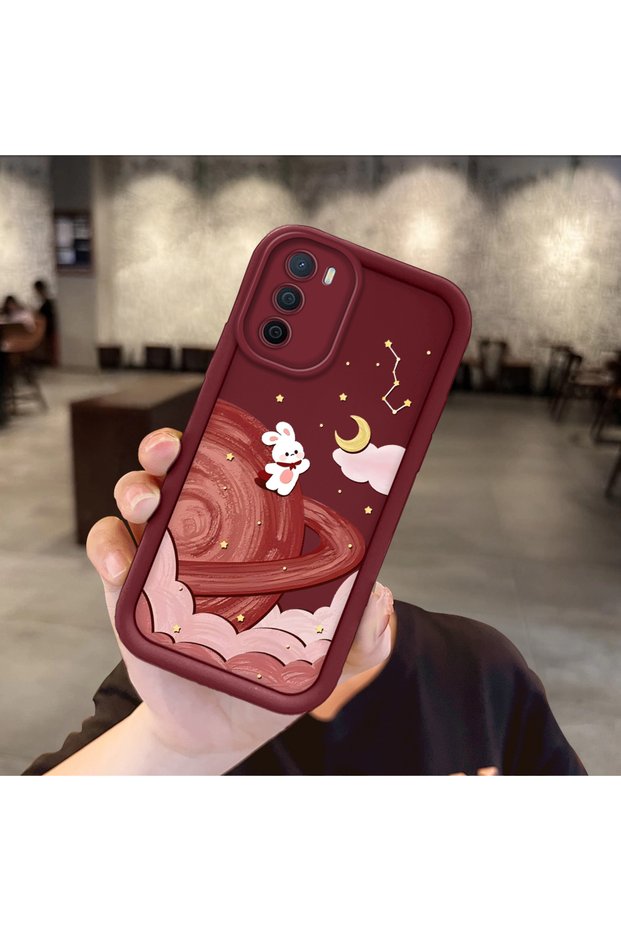 Oppo A54S Compatible Burgundy Case with Space Rabbit Pattern, Designed for Women