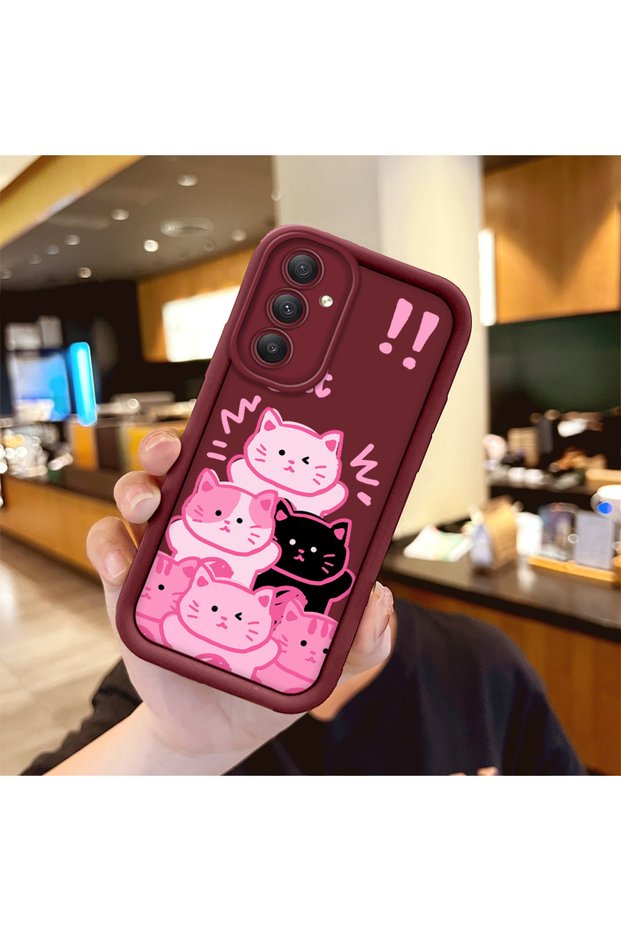 Samsung Galaxy A34 Compatible Pink Cartoon Cat-Printed Phone Case, Shock-Resistant