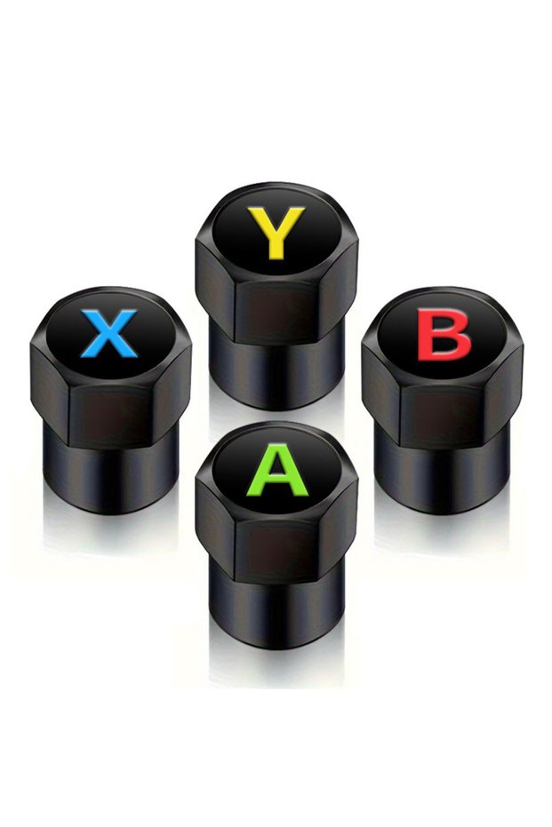 B 4PC Car Wheel Tire Valve Caps English XYAB Dustproof Game Button Symbol Tyre Stem Air Cover Alumin