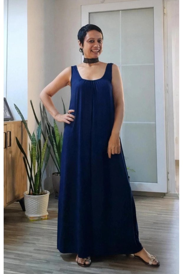 Navy blue, front-and-back ruched, ankle-length, jersey viscose strapless dress