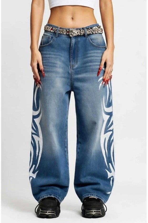 Blue Denim Fabric Baggy Jeans with Tribal Print