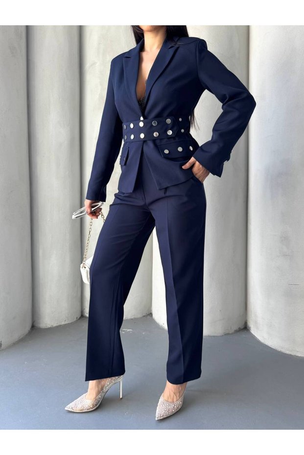 Women's Short Jacket and Pants Set with Snap-Fastened Belt—Stylish, Modern Two-Piece Set