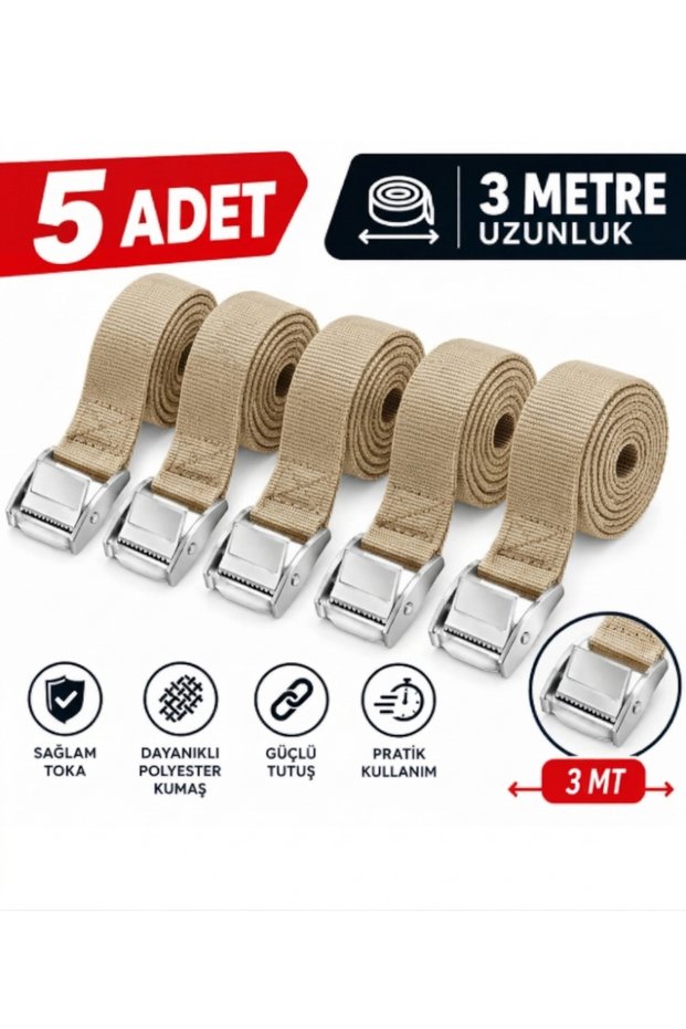 Clip-On Tension Strap, 3 Meters, Beige (5 Pieces)