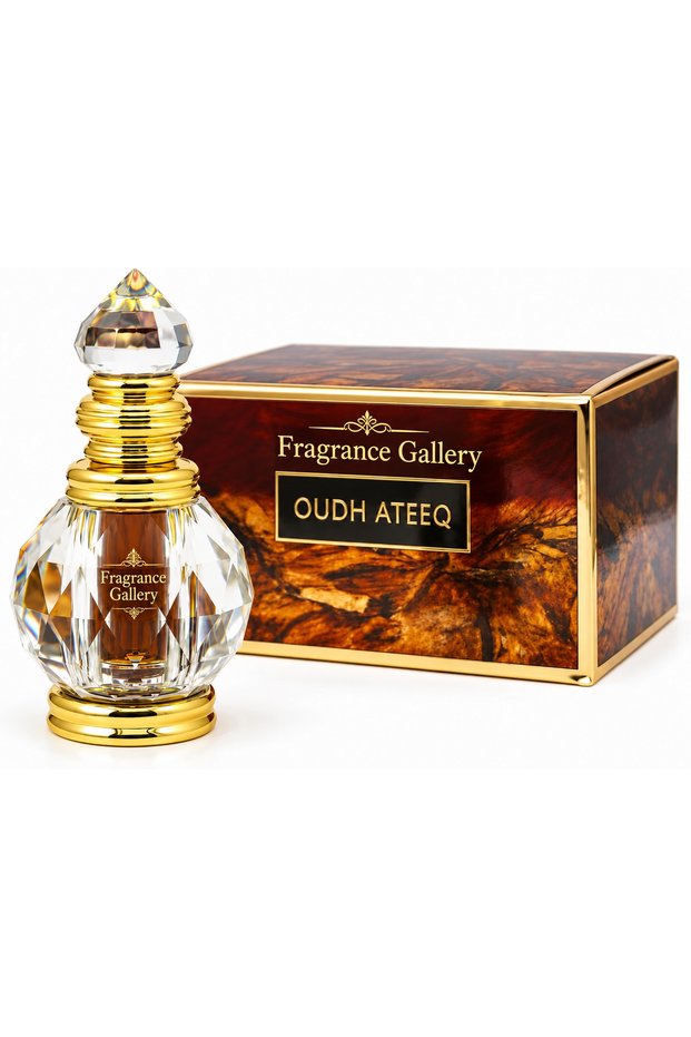 Oudh Ateeq Concentrated Perfume Oil Attar in Crystal Bottle | Traditional Attar Style, Gold-Tone Accents, Faceted Glass Bottle, Gift Box Included, Unisex Fragrance