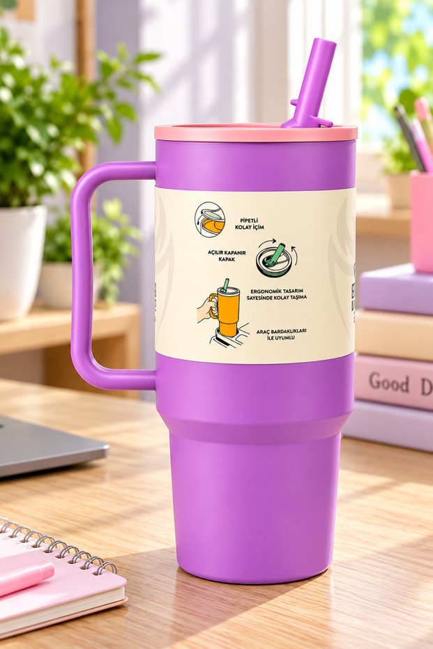 1300 mL Large Mug-Style Water Bottle with Straw and Strappy Handles – Carrying Handle, High-Capacity Water Bottle for Daily Use
