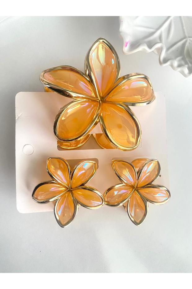 HAIR CLIP - SET OF 3 ORANGE LOTUS-PRINT HAIR CLIPS (1 PIECE 8 CM, 2 PIECES 4 CM)