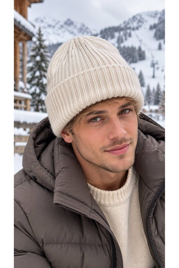 Ecru Soft-Textured Corded Fabric Knit Men's Beanie