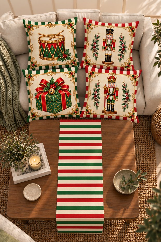 New Year's-Themed Nutcracker and Gift Box Patterned Set of 4 Cushion Covers and Table Runner, 43x43 cm; Reversible with Invisible Zipper, 40x140 cm
