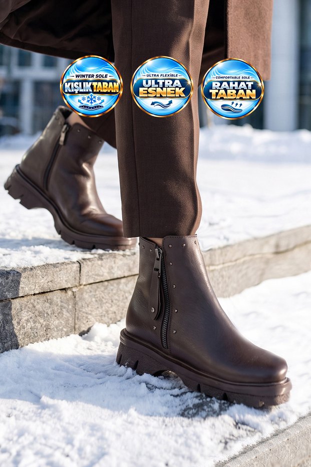 Women's Zip-Up Boots 351107 Coffee-Leather