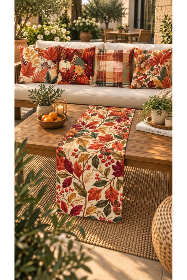 Set of 4 Cushion Covers with Fall Leaves and Pumpkin Patterns + 1 Table Runner – 43x43 cm Reversible Cushion Covers, 40x140 cm Table Runner