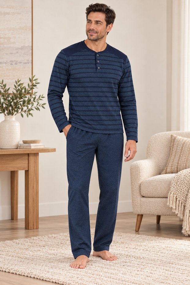 Men's Winter Pajama Set, Thick Brioche Knit Fabric, 100% Cotton, Button-Down Collar, With Pockets, Charcoal Grey-Navy Striped