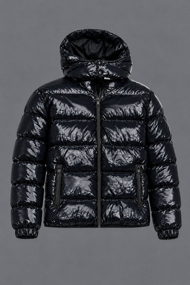Men's Black Winter Jacket with Hood, Padded Design, and Zipper