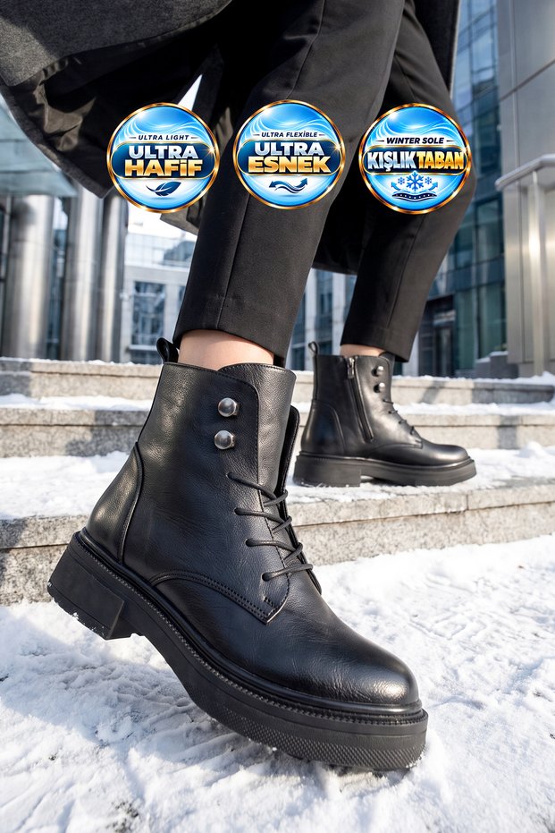 Women's Zip-Up Boots 354246 Black Leather