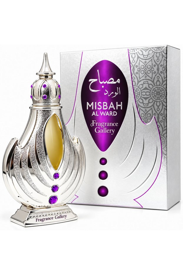 Misbah Al Ward Perfume for Women, Elegant Arabian Fragrance | Arabian Fragrance, Ornate Silver-Tone Bottle, Purple Jewel Accents, Matching Gift Box, Sculptural Design