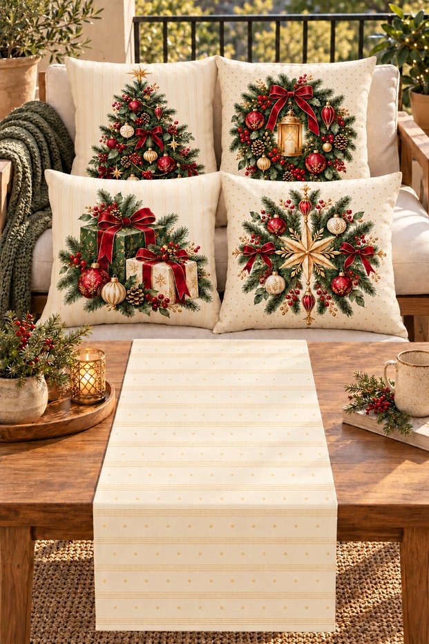 New Year’s-Themed Christmas Tree, Gift Wraps, Red Ribbon, and Gold Star-Patterned Set of 4 Cushion Covers + 1 Table Runner – 43x43 cm Reversible, Invisible Zipper Cushion Covers, 40x140 cm Table Runner