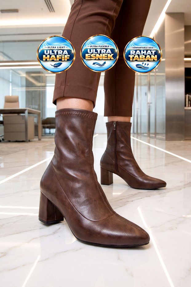 Women's Mid-Heel Zip-Up Boots 291245 Coffee-Leather