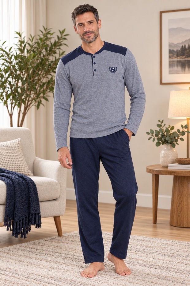 Men's Winter Pajama Set, Thick Brioche Knit Fabric, 100% Cotton, Button-Down Collar, With Pockets, Gray - Navy Blue