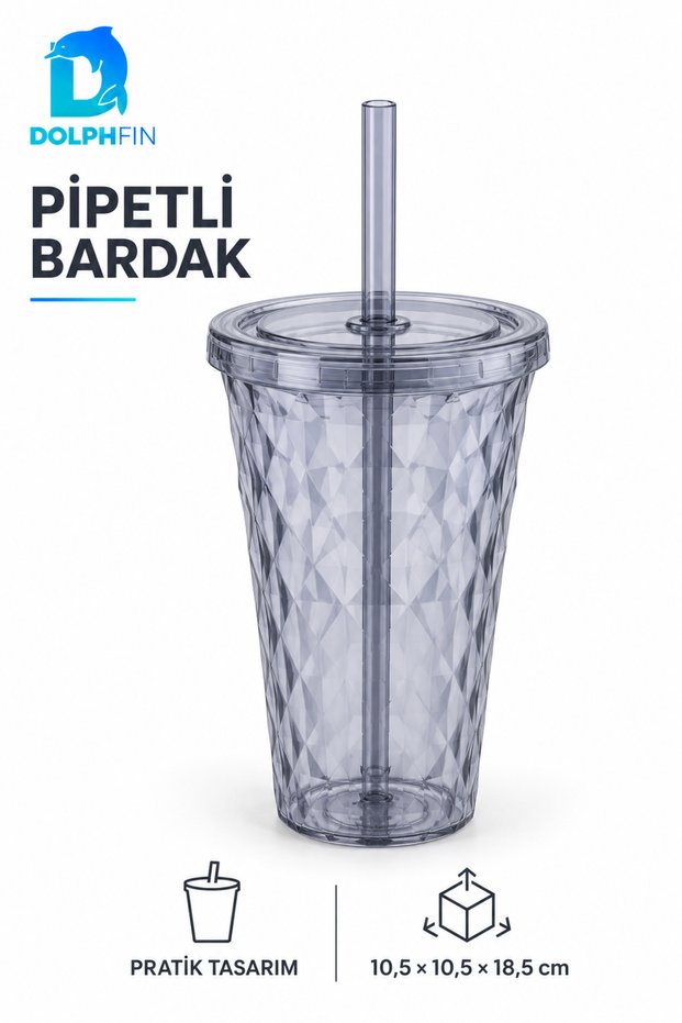 Transparent Patterned Cold Beverage Cup with Diamond-Shaped Pipette and Lid