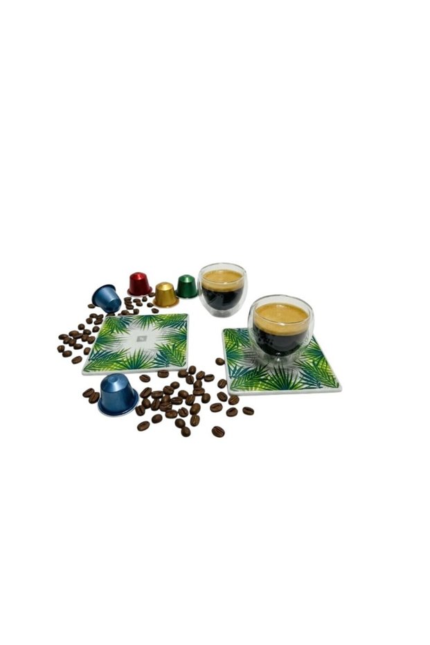 Rio Double Walled Glass Espresso Cups 2 X 80ml and 2 Porcelain Coasters Set