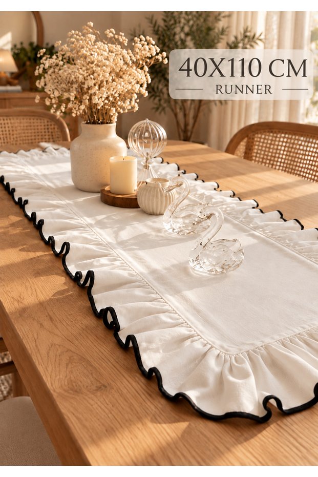 WHITE Table Runner WITH FRINGE, SMALL SIZE 40X110 CM WITH BLACK BORDER