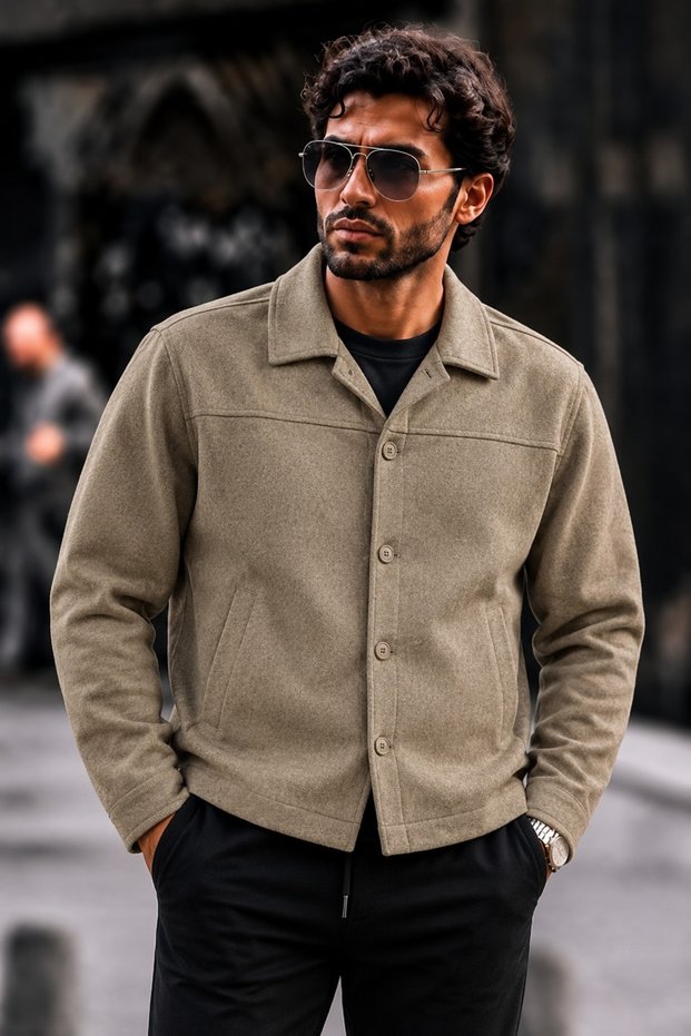Men’s Shirt Collar, Buttoned, Pocketed Casual Transitional Jacket