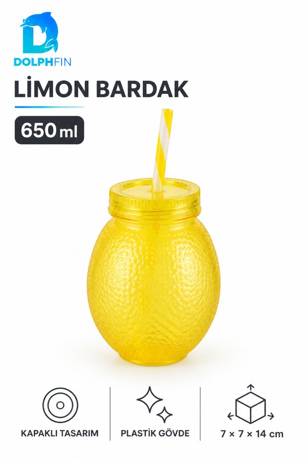 Lemon-Printed Straw Cup, 650 ml, Plastic Beverage Cup with Lid