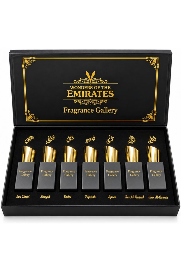 Wonders of the Emirates Perfume Set 7 x 30 ml, 210 ml Total | Seven Emirates Collection, Fitted Presentation Box, Gold-Tone Bottle Caps, Individual Bottle Slots, Black & Gold Design
