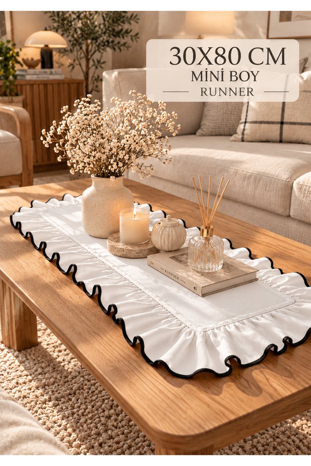 WHITE Table Runner WITH FRINGE, BLACK-EDGED, DECORATIVE, 30X80 CM