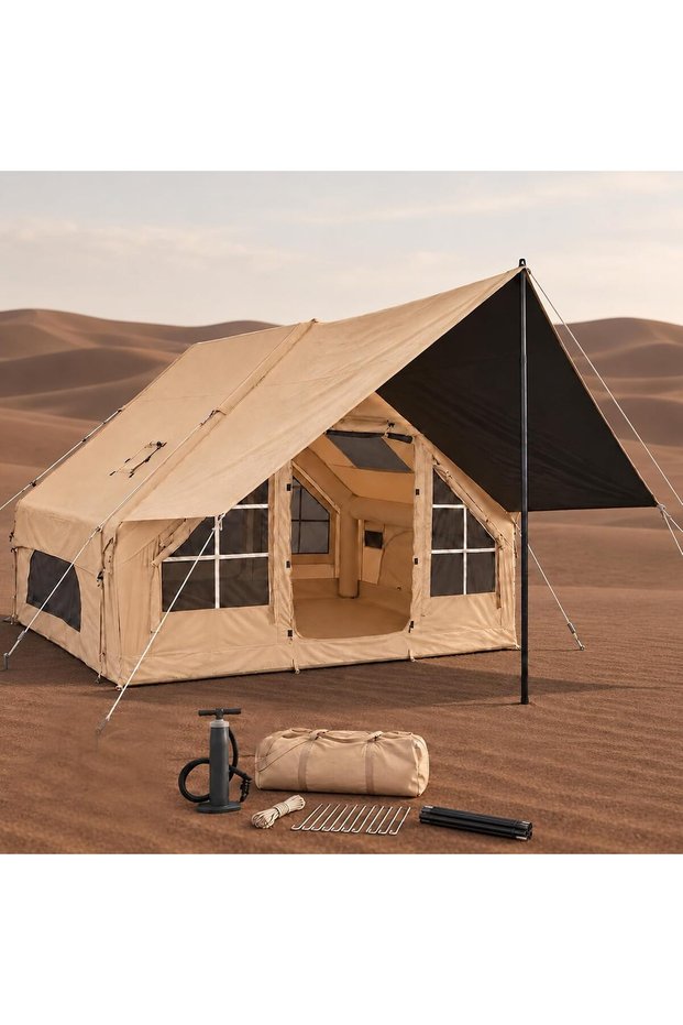 Auto Family 6.3m² Inflatable Camping Tent for 6–7 People, 210D Oxford Fabric Air Tent with Chimney Opening, 2 Doors and 4 Mesh Windows for Outdoor Camping