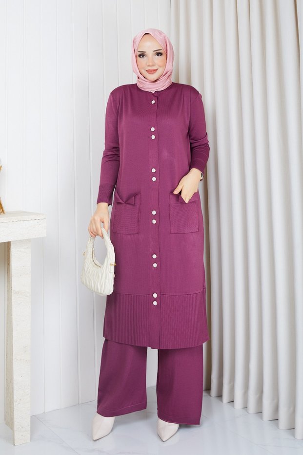 Women's Cold-Spun Knit Modest Set: Long Tunic, Jacket, and Pants Two-Piece Set with 10 Buttons, Plum
