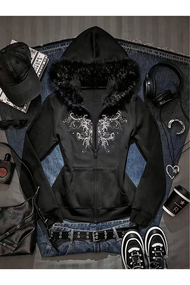Tribal Gothic Print, Zipper-Front, Black, Fur-Trimmed Slim Fit Gothic Zip Cardigan