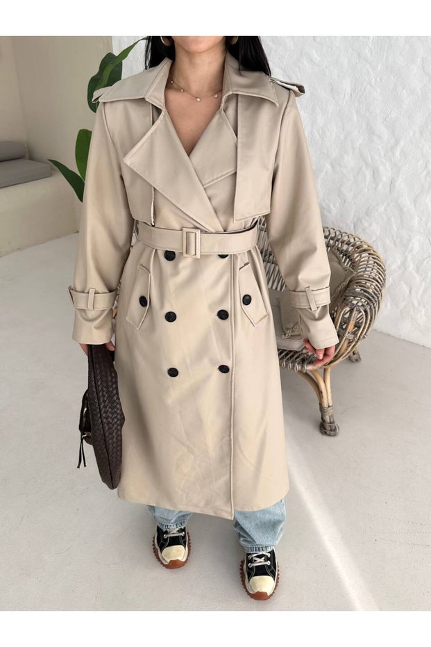 Women's Leather Trench Coat with Long Belt, Patchwork Design, and Back Slit—Stylish Transitional Outerwear