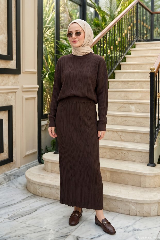 Rayon Knit Skirt Set 702 Brown