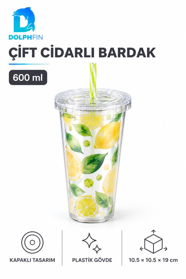 Large Double-Walled Straw Cup, 600 ml, Patterned Plastic Beverage Cup with Lid