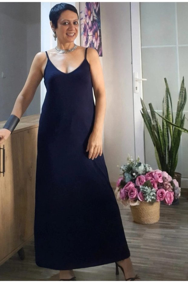 Navy blue, V-neck, front and back, ankle-length, spaghetti strap jersey viscose dress