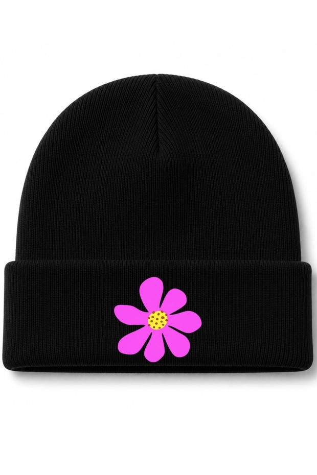 Pink Daisy – Minimal Knit Beanie with a Pink Daisy Floral Print