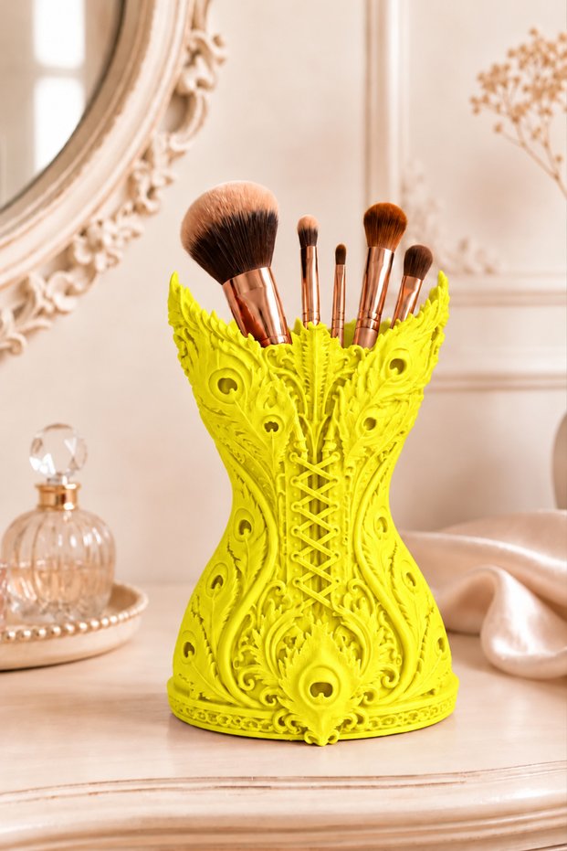 Feather-Patterned Corset-Style Makeup Brush Holder and Decorative Desktop Organizer
