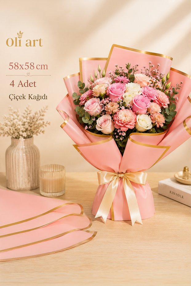 Pink Flower Wrapping Paper / Gold Trim, 4-Pack Bouquet Wrapping Paper, Waterproof Flower Wrapping Paper