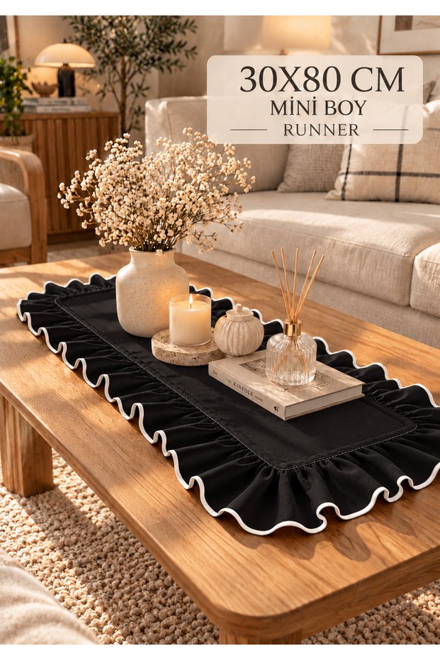 BLACK Table Runner WITH FRINGE, WHITE-EDGED, DECORATIVE, 30X80 CM