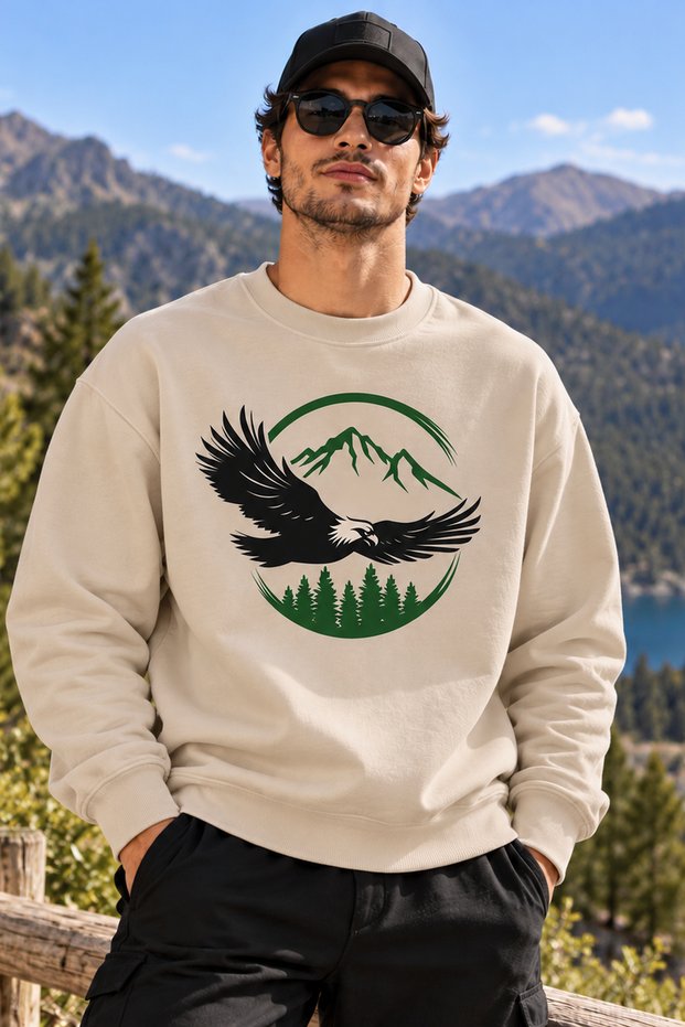 Kartal Mountain and Forest Print Unisex Oversized Sweatshirt – Crew Neck Relaxed-Fit Casual Sweatshirt