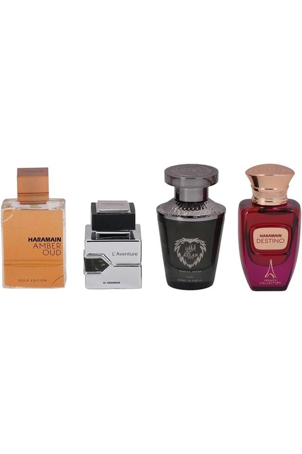 Travel Exclusive Perfume Gift Set 4 x 10ml EDP | Amber Oud Gold, L’Aventure, Azlan Charcoal & Destino French | Luxury Mini Fragrance Collection for Men & Women