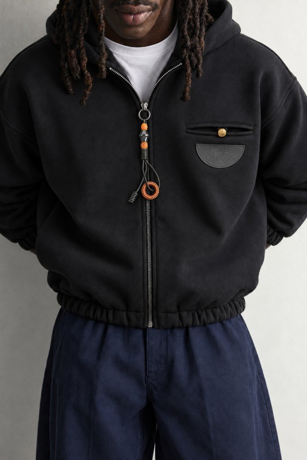 Men's Oversized Hooded Leather Sweatshirt with Zippered Pockets and Zip Detail