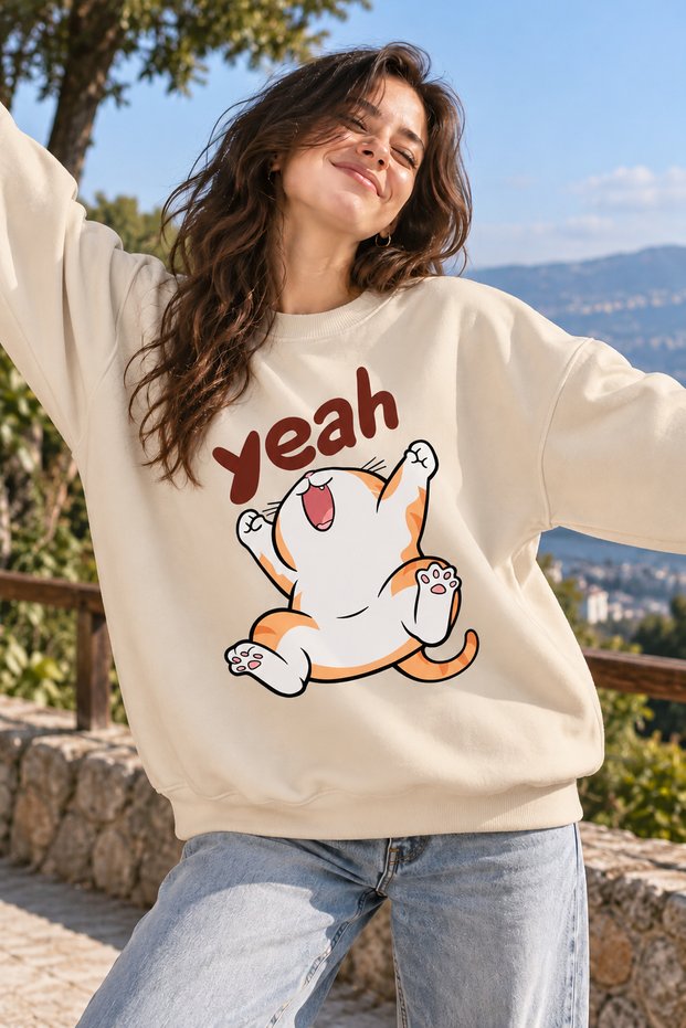 "Yeah" Printed Cheerful Cat Unisex Oversized Sweatshirt – Crew Neck Relaxed Fit Casual Sweatshirt