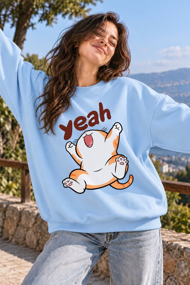 "Yeah" Printed Cheerful Cat Unisex Oversized Sweatshirt – Crew Neck Relaxed Fit Casual Sweatshirt