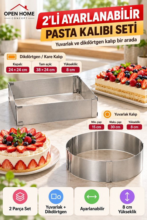 Set of 2 Adjustable Cake Pans: Round 15–30 cm, Square, Rectangular 24x24–38x24 cm, Height 8 cm