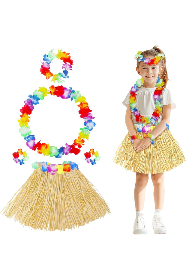 Adult Kids Hawaiian Party Set - 40 cm Natural Skirt + Floral Accessories (5 Pieces)